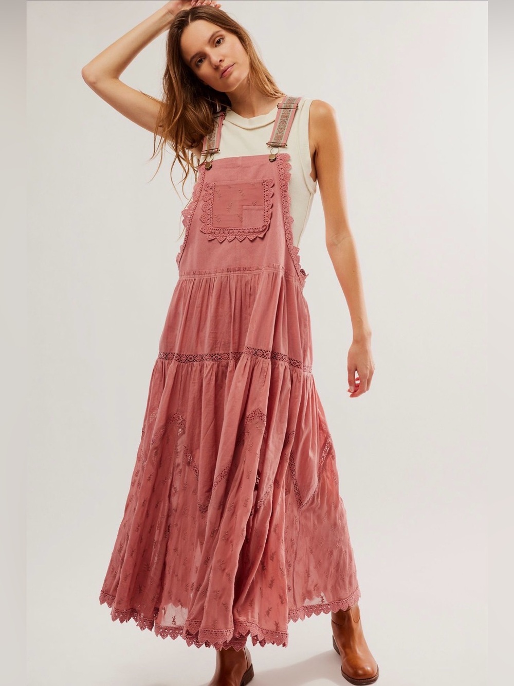 Free People Trails End Skirtall in Old Rose Lace-Trim Maxi Overall Dress
